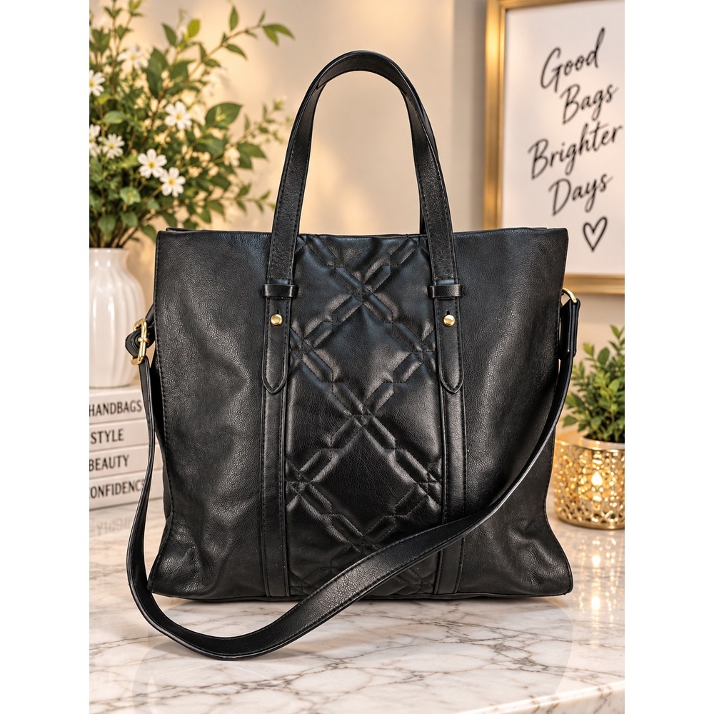 Fossil Kensington Black Leather Quilted Tote Bag Crossbody Handbag